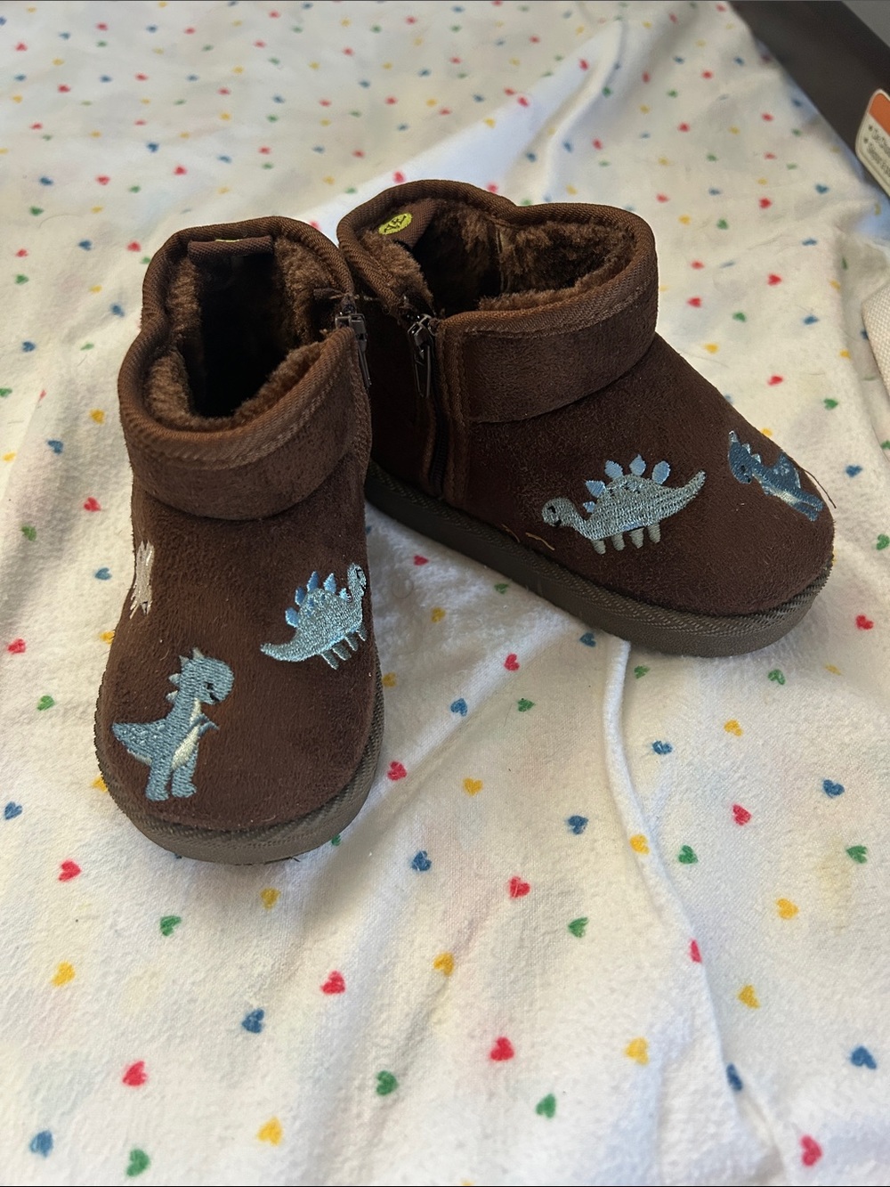 Brown Dino Embroidered Kids Booties - Cozy Slip-On Boots - Picture 6 of 7